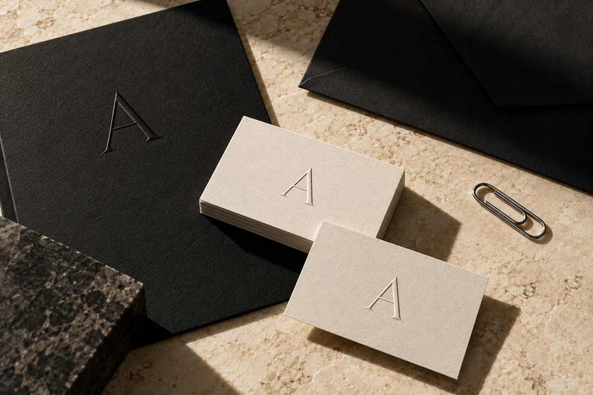 Sample black and ivory luxury fashion stationery with an A monogram